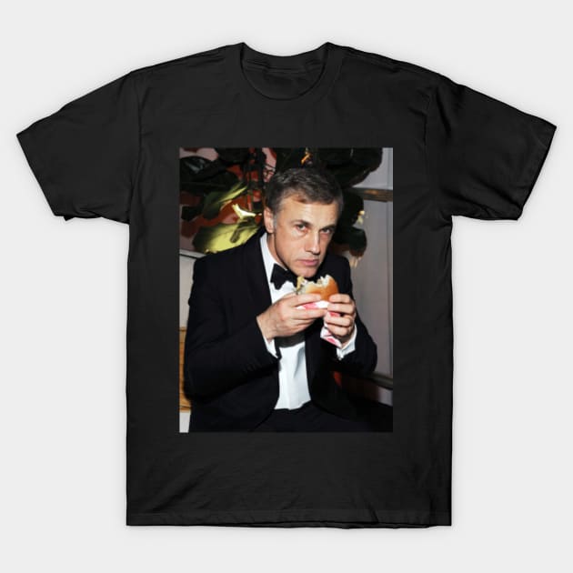 Christoph Waltz Eating a Hamburger T-Shirt by fueledbyramen28